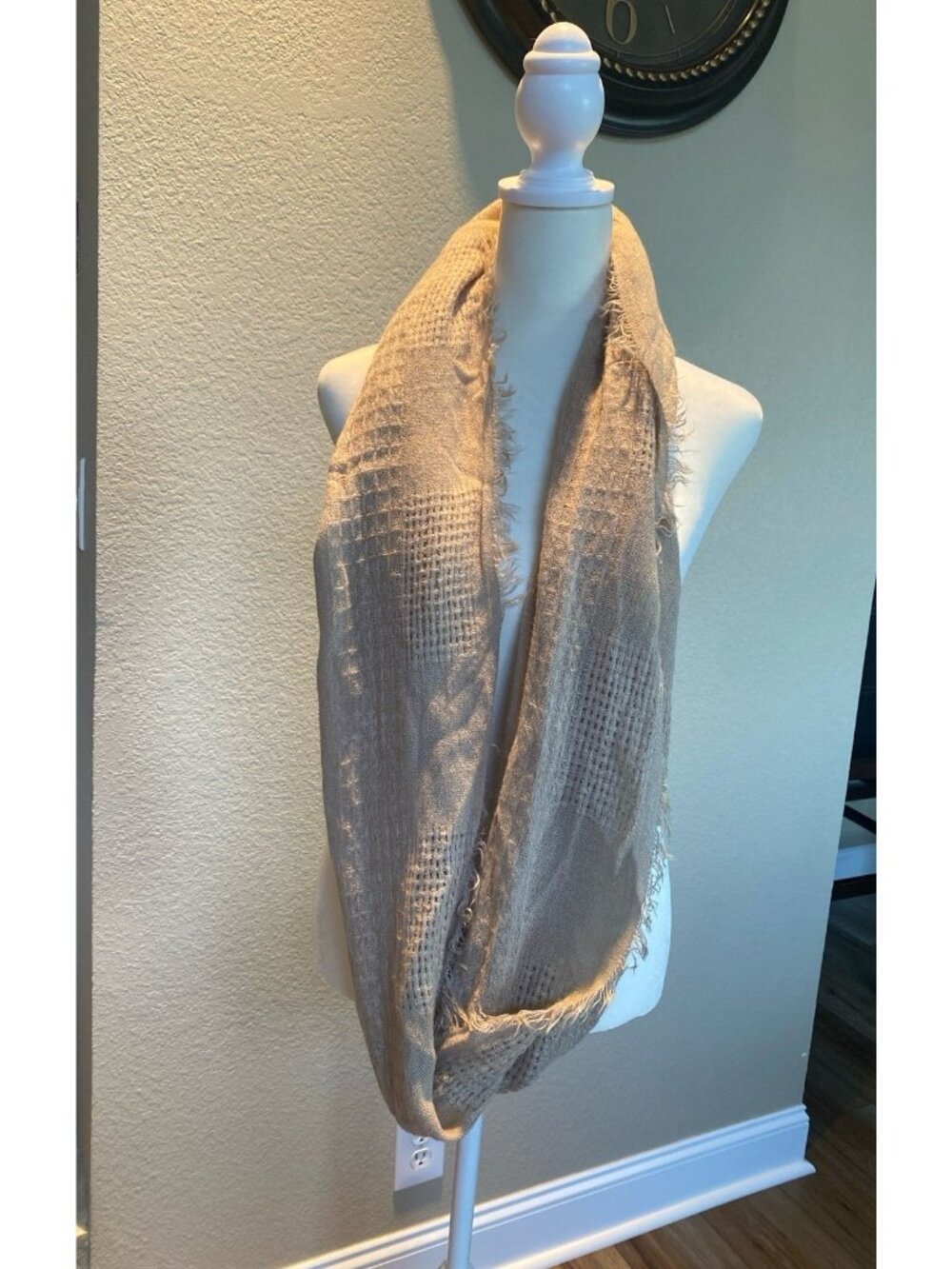 Light Brown Tan Crinkled Infinity Scarf Frayed Edge 100% Acrylic Soft Boho